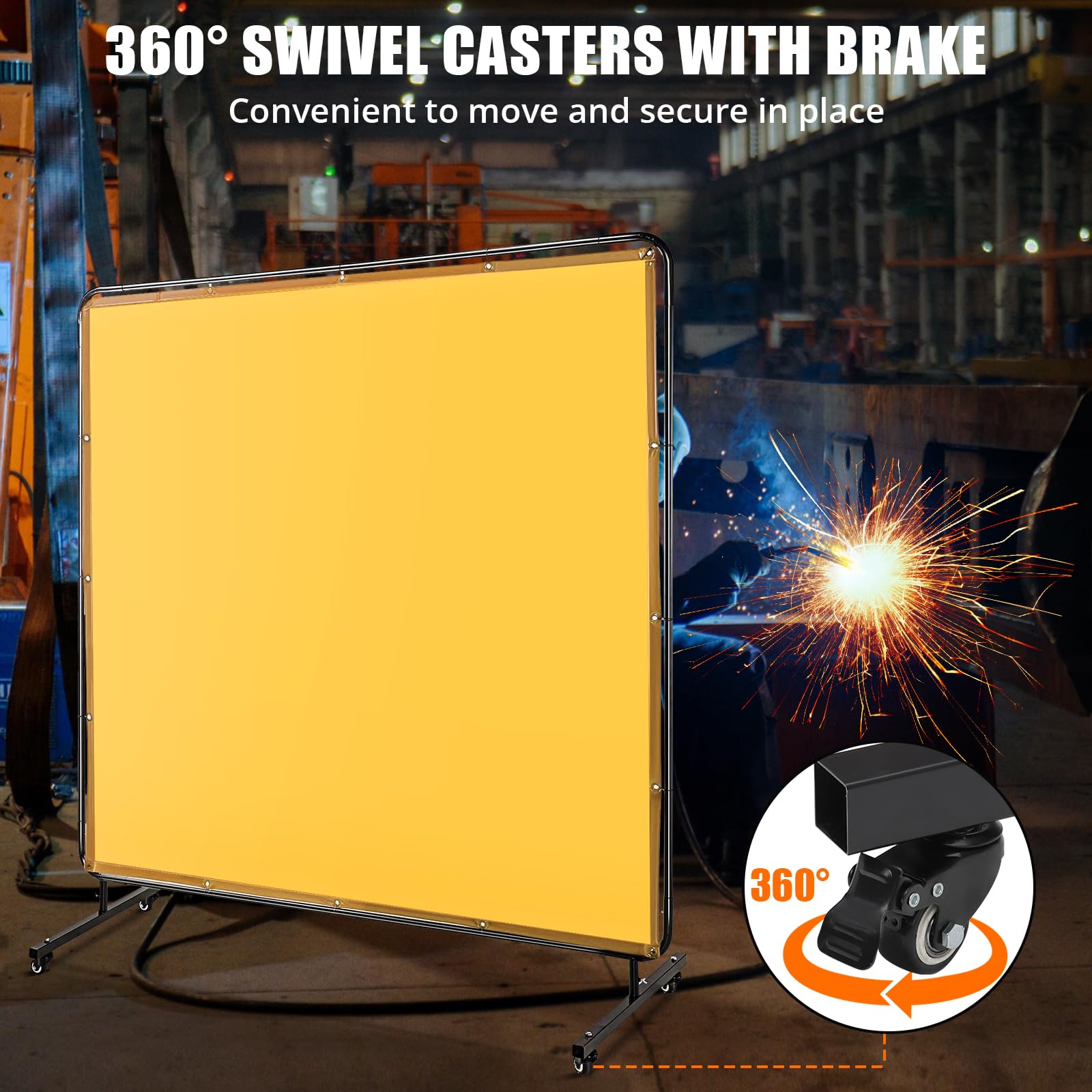 Écran de soudage Garvee 2,4 x 1,8 m avec cadre en acier, PVC transparent, jaune, pour atelier, sur roulettes, ignifugé, protection UV