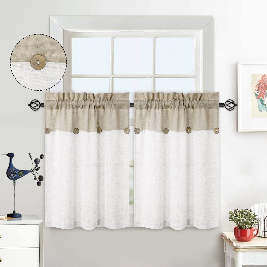 Garvee Vitrage Lot de 2 petits rideaux patchwork à boutons, aspect lin, beige clair, 69 x 91 cm, rideaux de style bistro pour cuisine ou salon