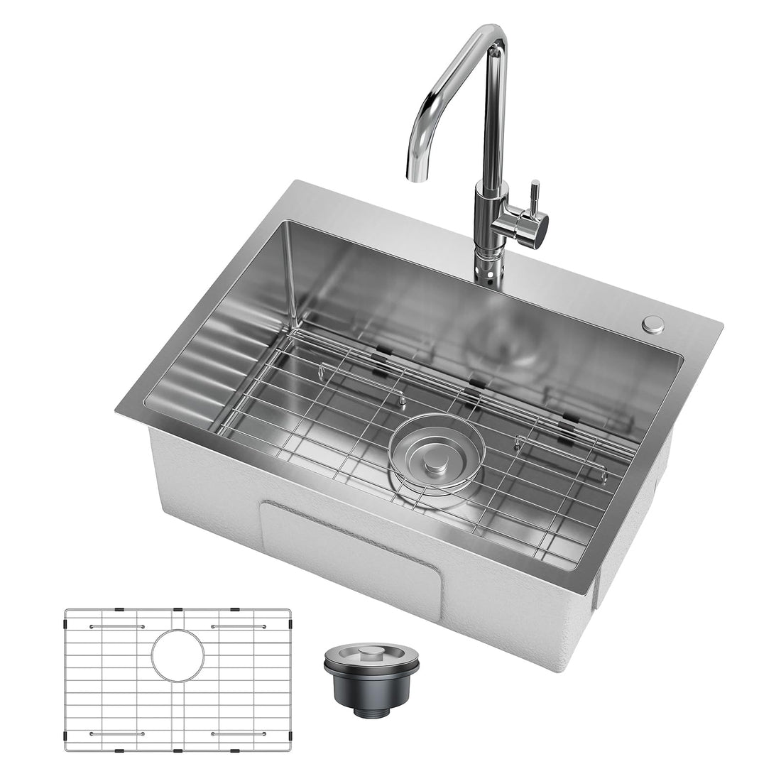 Garvee Évier de cuisine encastrable 61 x 46 x 23 cm en acier inoxydable, argenté, avec robinet extractible et accessoires pour cuisine moderne