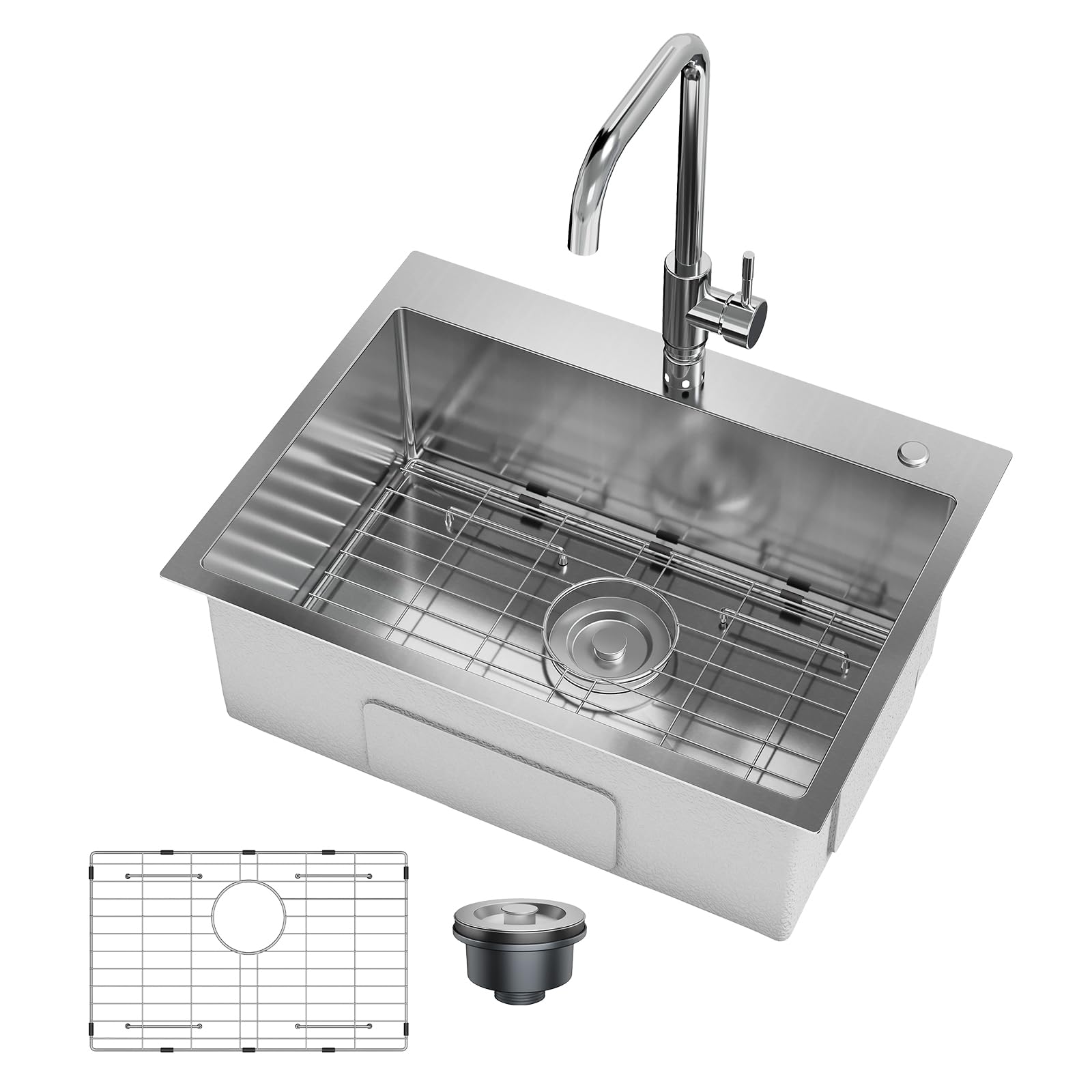 Garvee Évier de cuisine encastrable 61 x 46 x 23 cm en acier inoxydable, argenté, avec robinet extractible et accessoires pour cuisine moderne