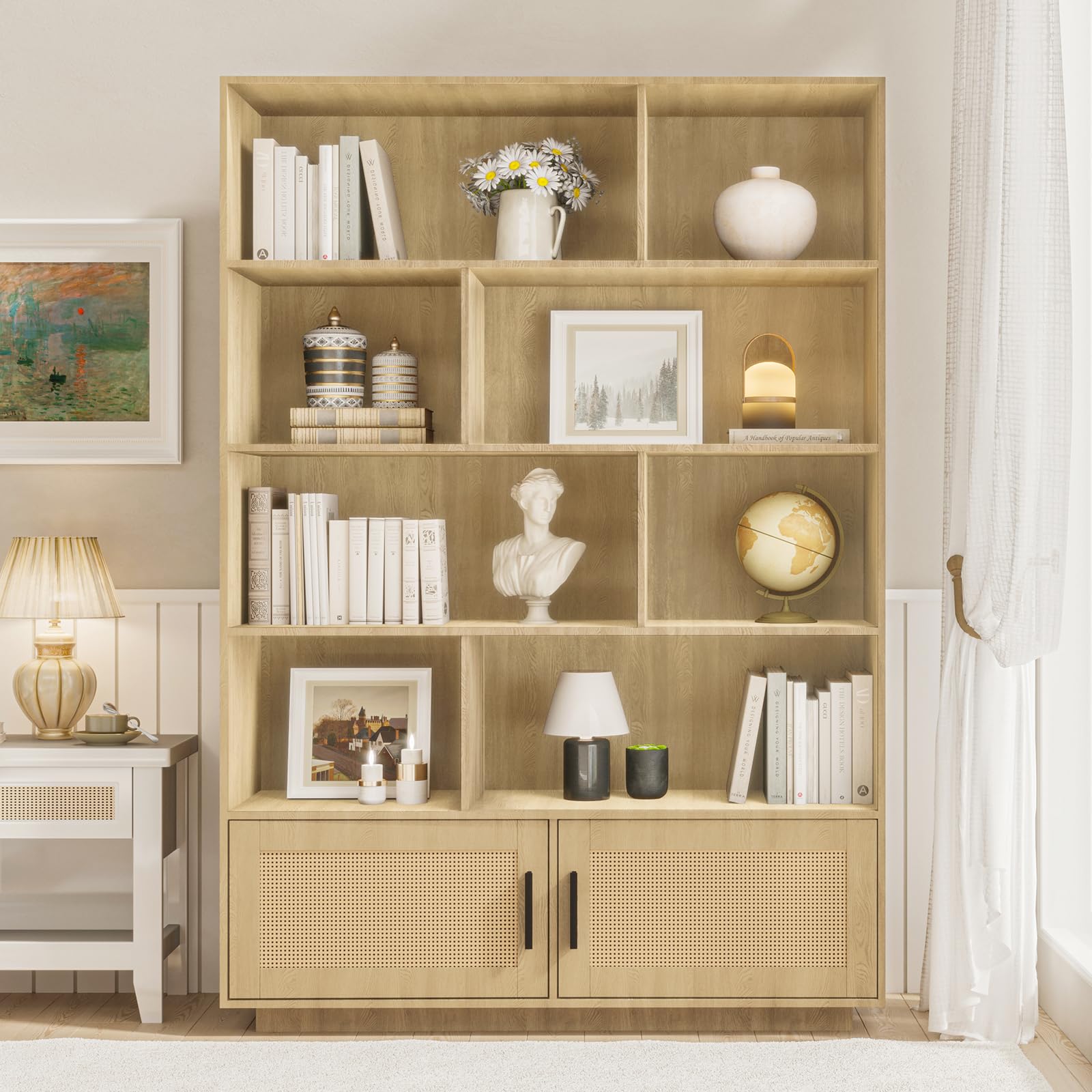 Bibliothèque Garvee à 5 niveaux avec portes en rotin, en MDF robuste, idéale pour le salon et le bureau, 80 cm (L) x 160 cm (H), style bohème