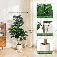 Ficus lyrata artificiel Garvee de 120 cm (4 pi) avec 48 feuilles, pot blanc de 20 cm (7,8 po), base en ciment robuste pour salon et bureau