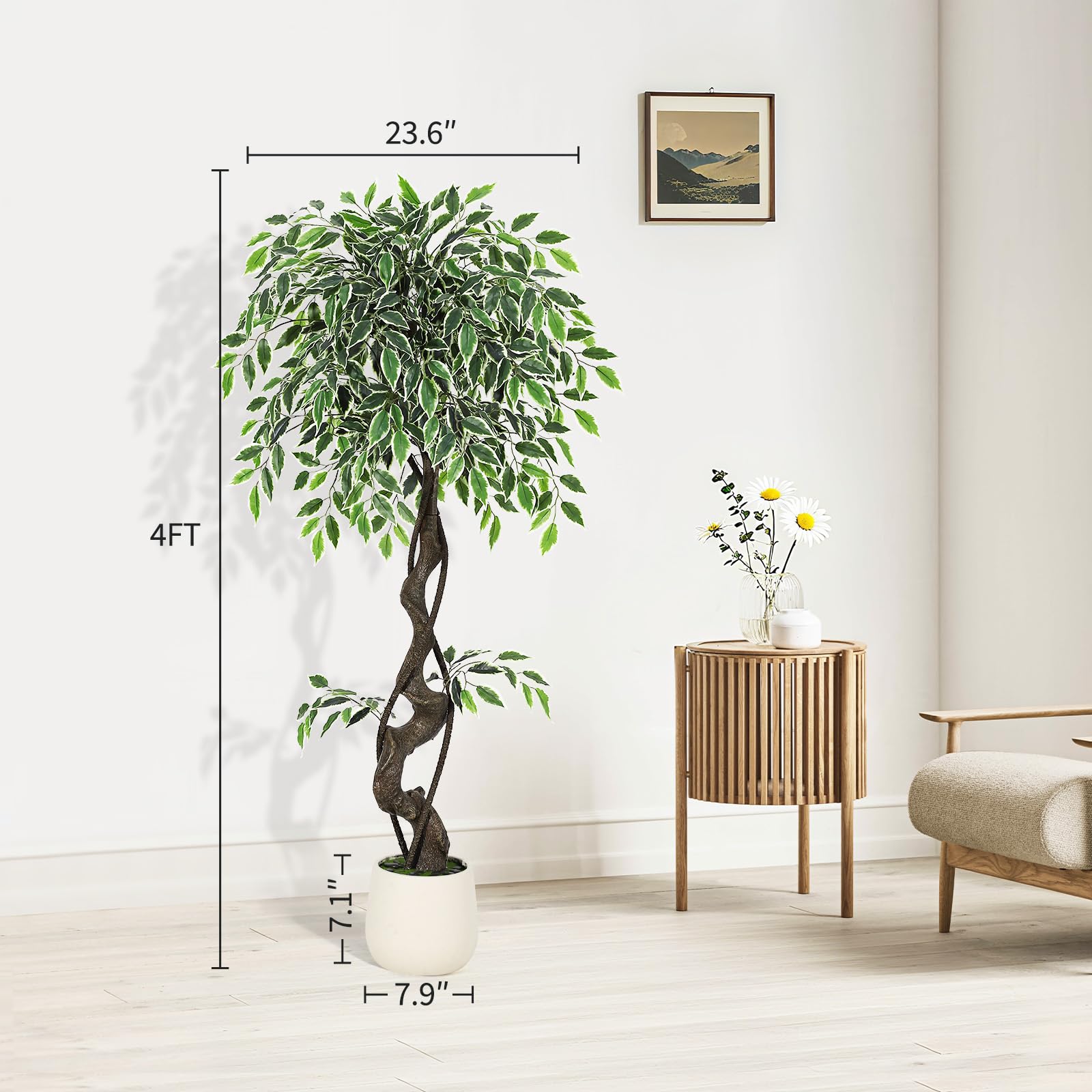 Garvee Ficus artificiel panaché blanc 120 cm en PE durable, plante décorative réaliste pour intérieur et extérieur