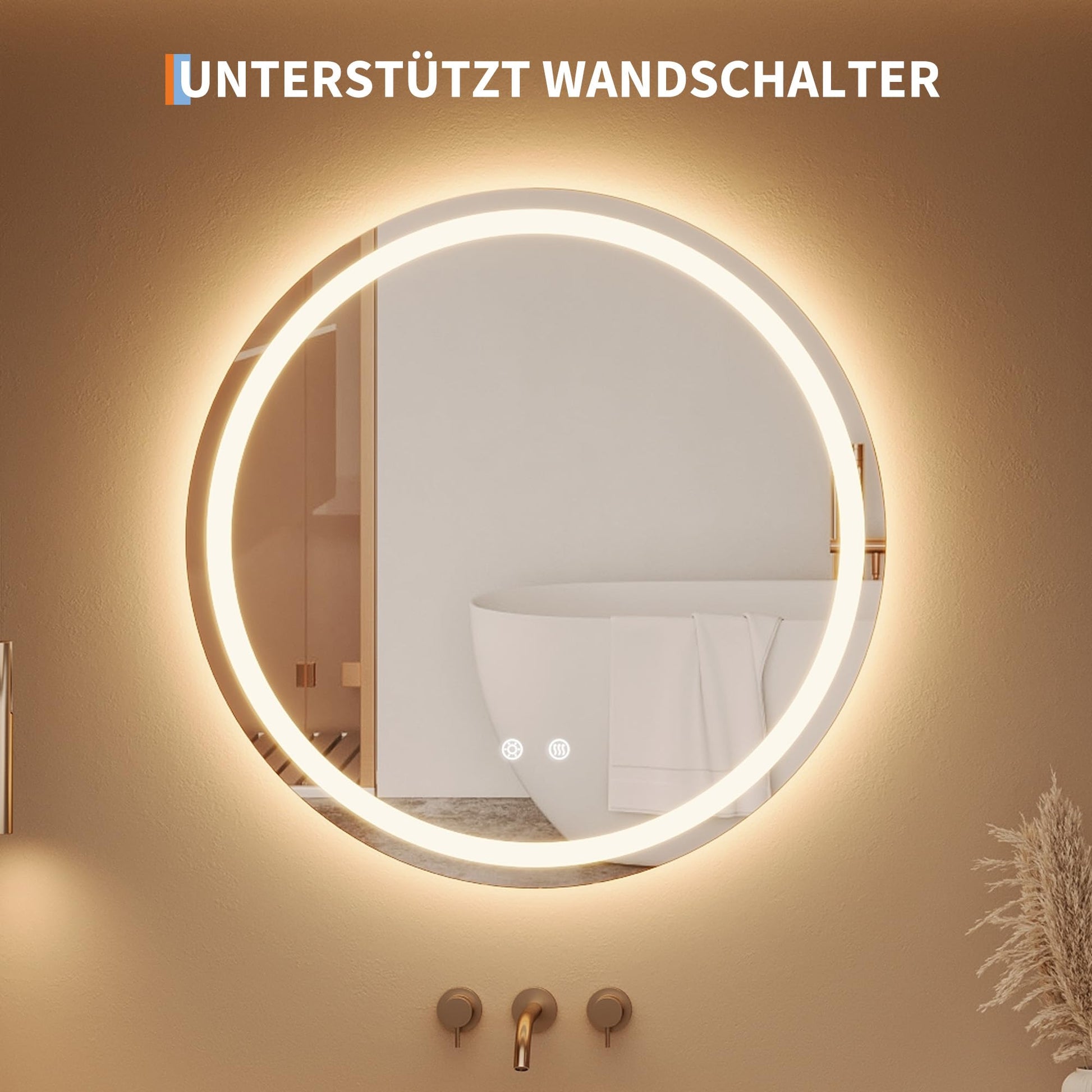 Miroir de maquillage lumineux Garvee, miroir de salle de bain rond de 50 cm avec éclairage LED, interrupteur tactile, verre incassable, intensité réglable et traitement antibuée.