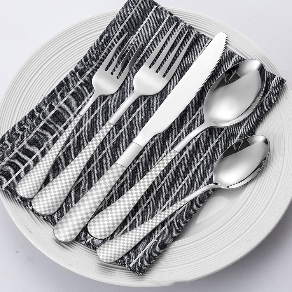 Garvee Ménagère 20 pièces en argent pour 4 personnes, acier inoxydable, motif à damier, finition polie miroir, compatible lave-vaisselle, pour la cuisine et la restauration, argent