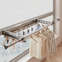 Étendoir à linge mural pliable Garvee, en acier inoxydable, gain de place, pour balcon et terrasse, longueur télescopique 103,2–151,2 cm, gris