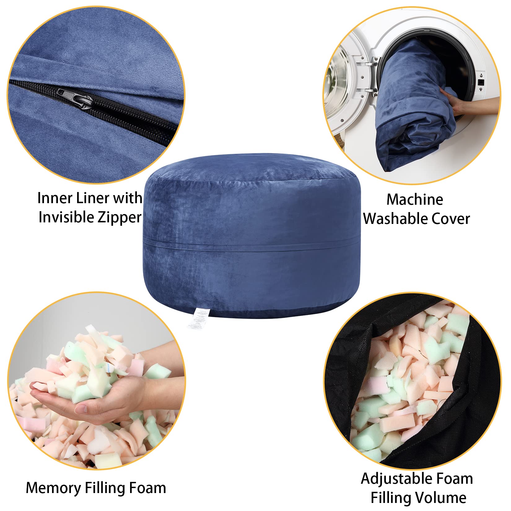 Pouf géant rond Garvee 120 cm avec rembourrage, velours doux, grand canapé pour adultes et adolescents, bleu marine, housse amovible, salon et chambre