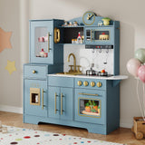 Garvee cuisine enfant en bois avec four et évier, jeu de rôle créatif, rangement intégré, pour enfants dès 3 ans, naturel - Bleu