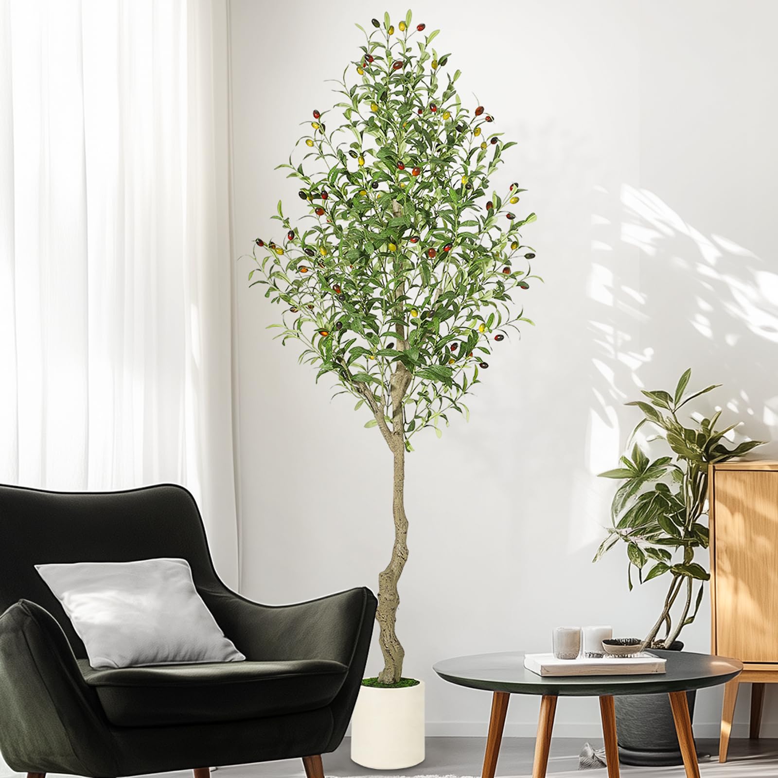Garvee Olivier Artificiel 180 cm avec Pot Blanc, Style Méditerranéen pour Salon, Bureau et Balcon, Vert