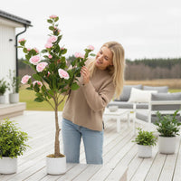 Camélia artificiel Garvee de 120 cm avec fleurs réalistes, pour l'intérieur et les espaces extérieurs couverts, pot robuste, entretien facile, polyester et PEVA, vert et blanc