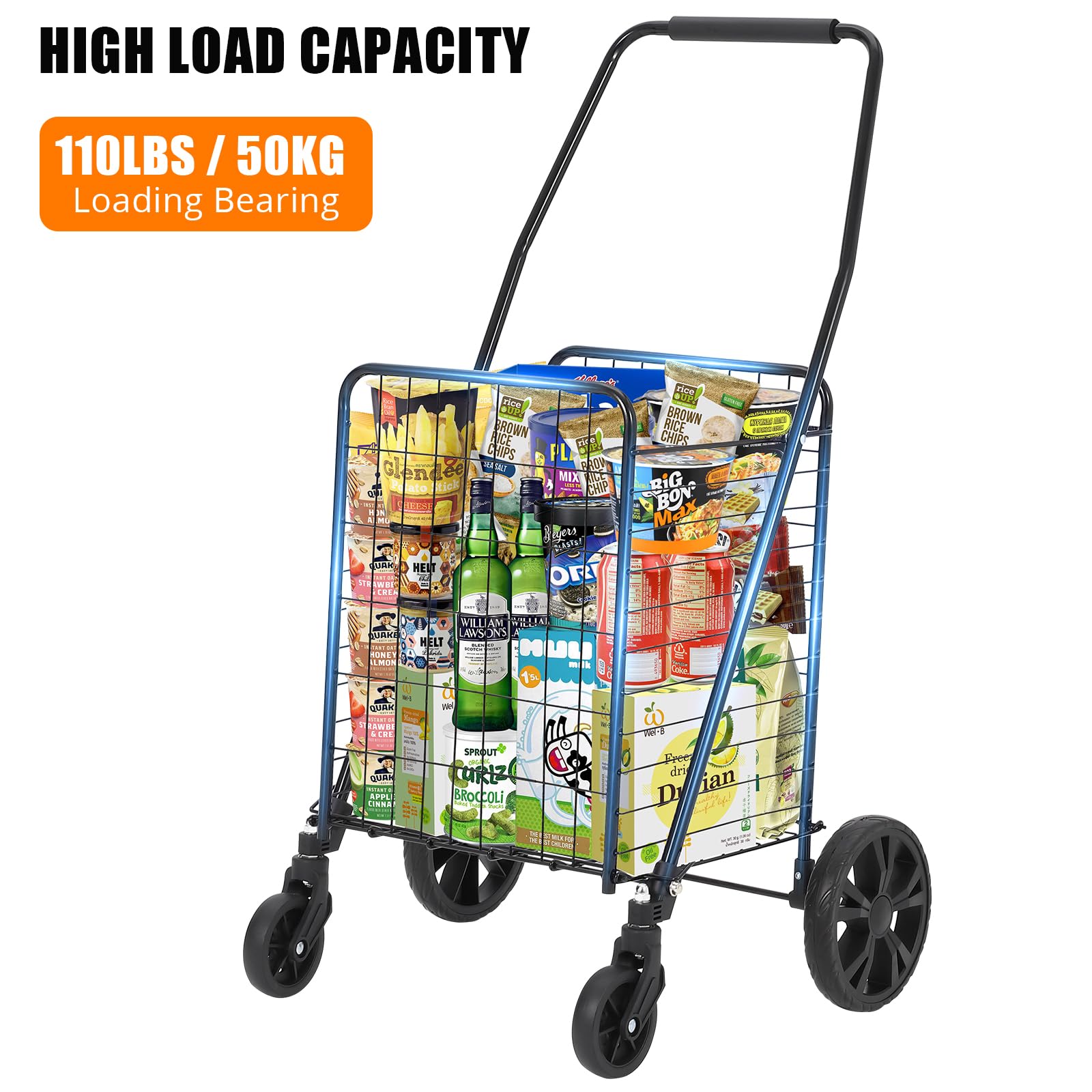 Chariot de courses pliable Garvee, capacité de 50 kg, roues pivotantes à 360°, panier de 83 litres, acier allié, léger, idéal pour les courses et les pique-niques, pliable, gris