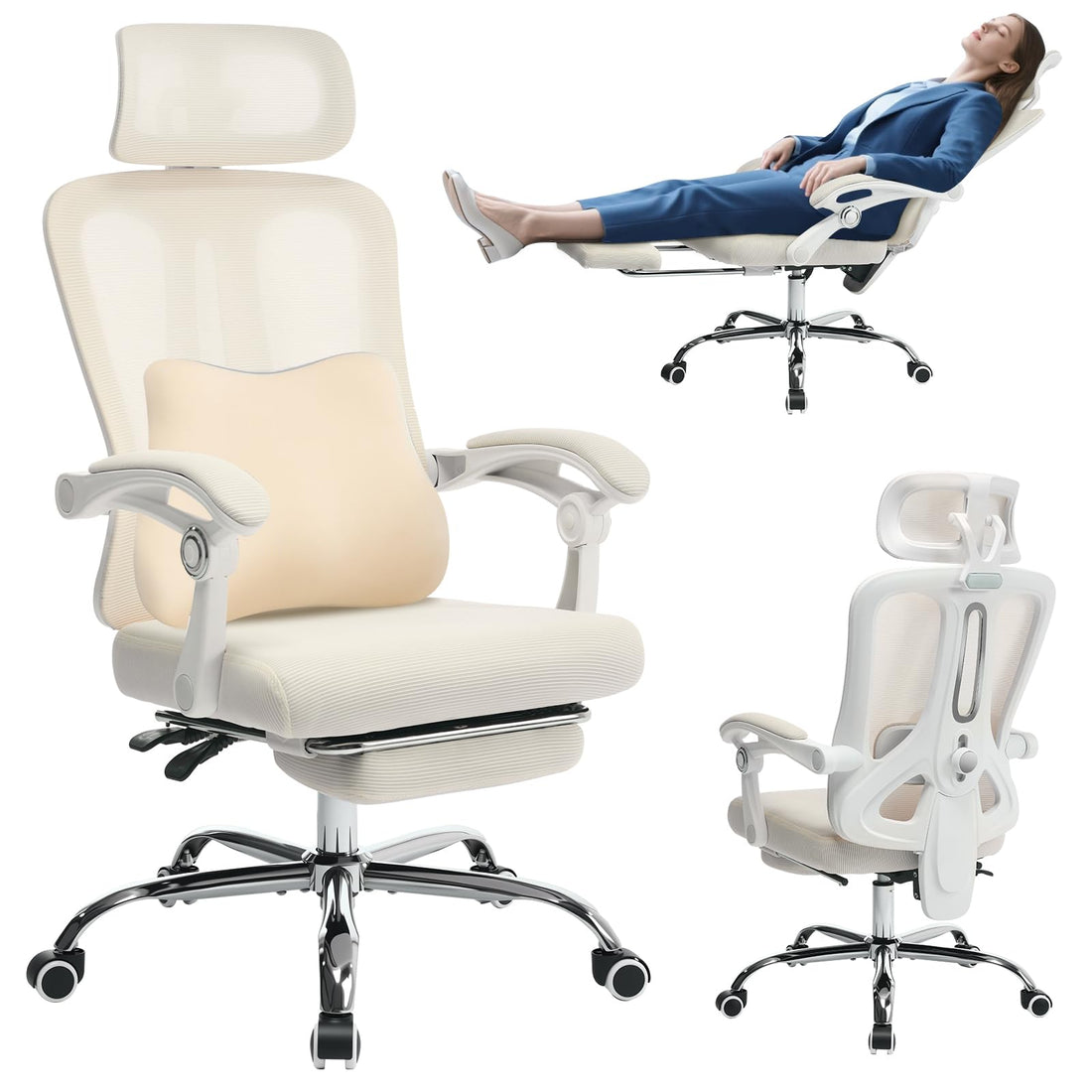 Garvee Chaise de bureau ergonomique, dossier haut, assise en maille, appui-tête et repose-pieds réglables, beige, idéale pour le télétravail