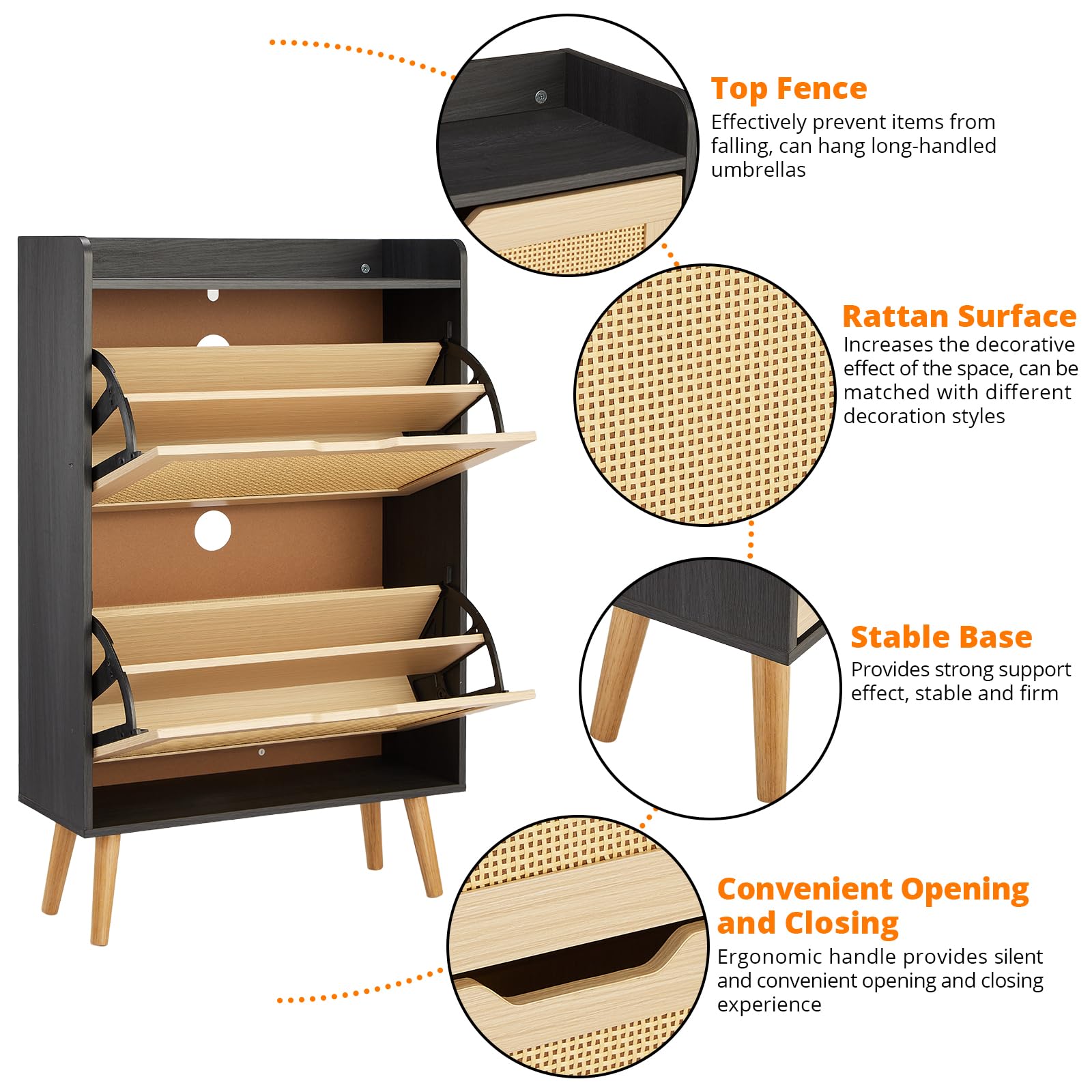 Meuble à chaussures Garvee pour entrée avec organiseur en rotin, tiroir rabattable, aéré, compact, 98,2 x 60 x 23,5 cm, MDF, couleur naturelle