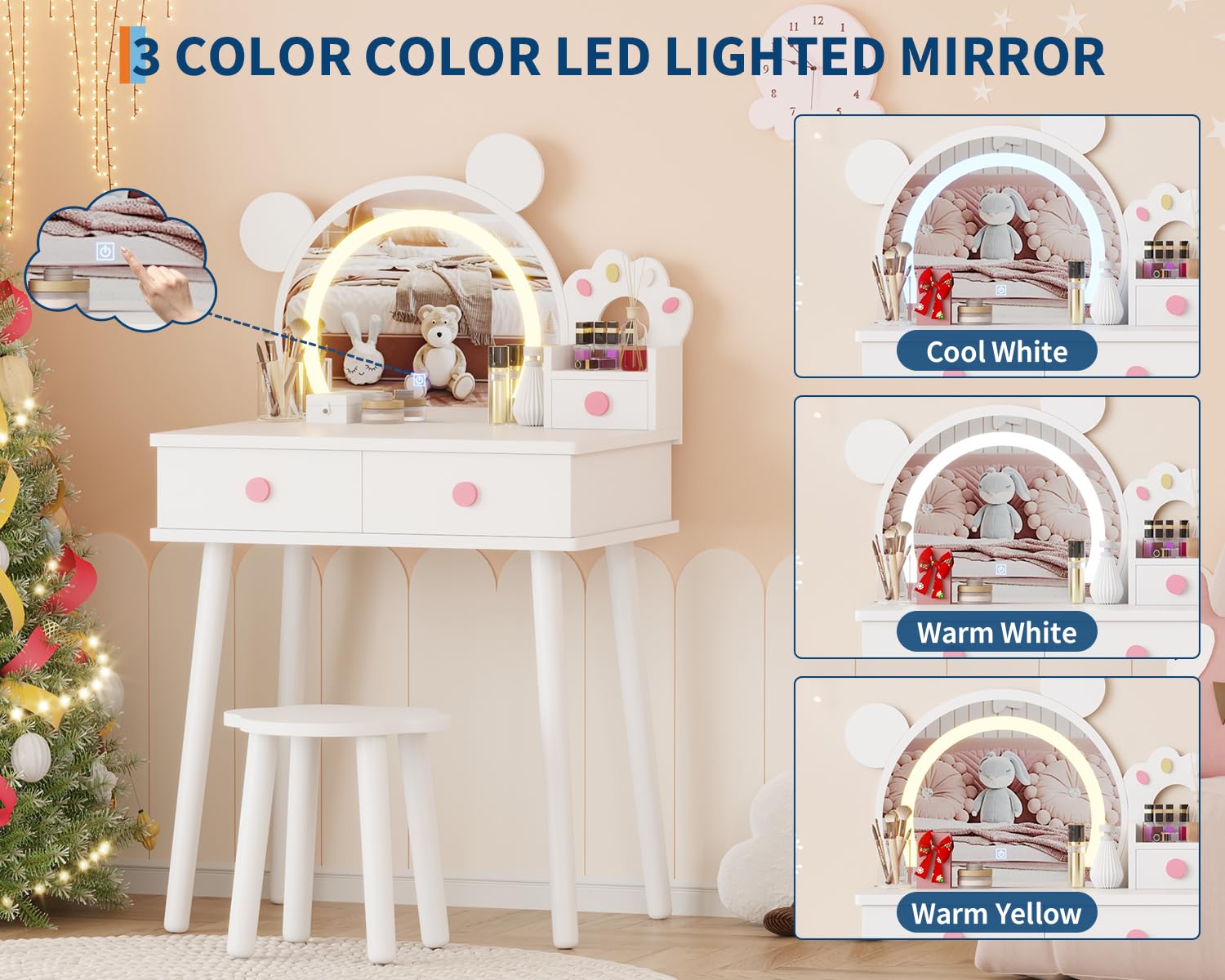 Coiffeuse Garvee pour enfants avec lumière LED, miroir en forme d'ours, rangement, bois certifié FSC, support à fleurs pour salle de jeux de filles, 55 cm (L) x 38 cm (l) x 101 cm (H)