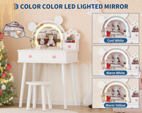 Coiffeuse Garvee pour enfants avec lumière LED, miroir en forme d'ours, rangement, bois certifié FSC, support à fleurs pour salle de jeux de filles, 55 cm (L) x 38 cm (l) x 101 cm (H)
