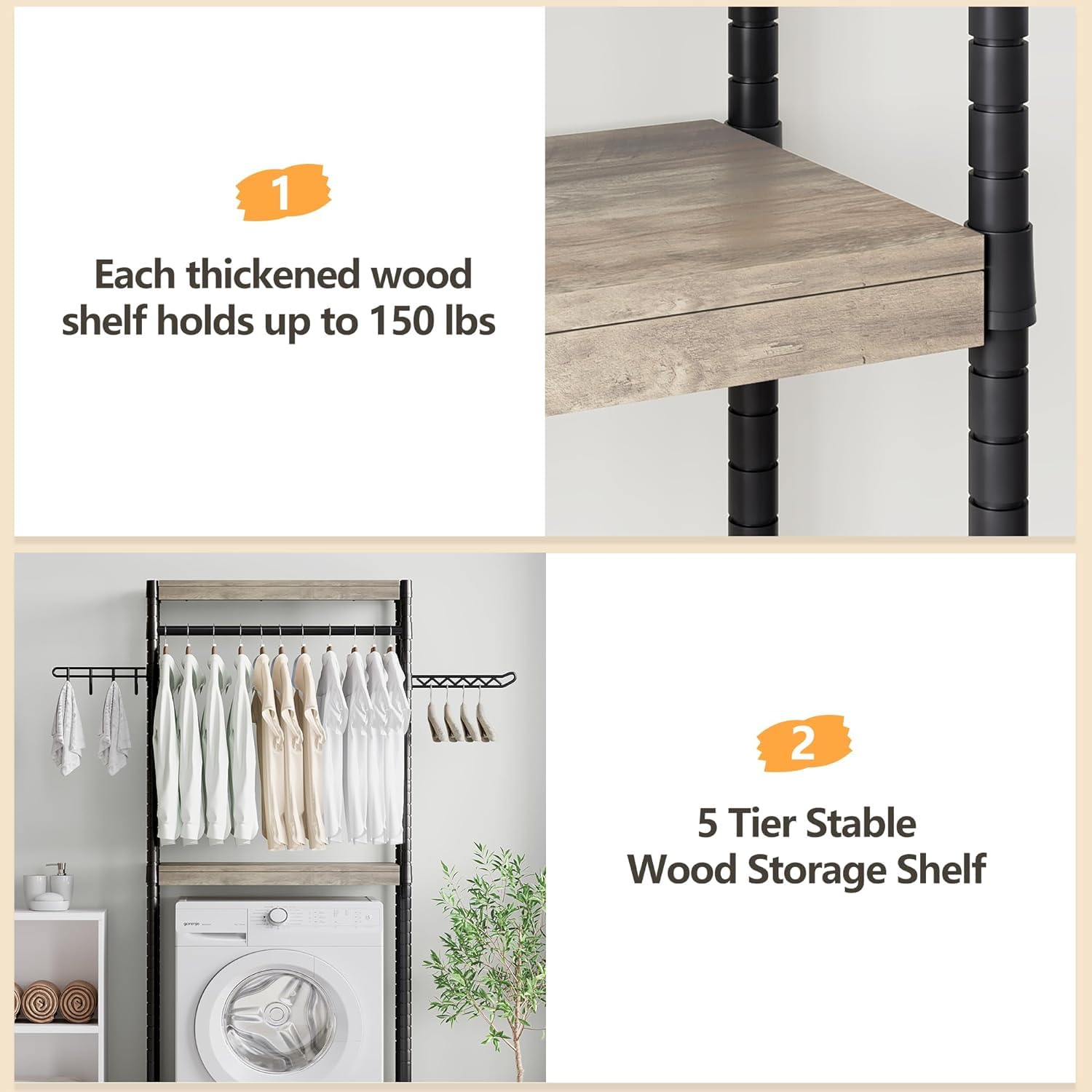 Étagère à linge Garvee 76 cm avec étendoir, réglable, 4 niveaux, bois et acier, pour lave-linge, salle de bain et buanderie, gain de place, 71 cm, couleur naturelle