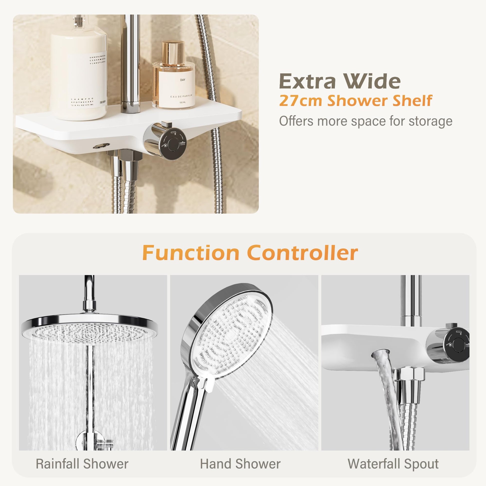 Garvee Colonne de douche réglable 98–130 cm en acier inoxydable 201, pommeau 25 cm, douchette 3 jets, tablette 27 cm, installation facile, chrome et blanc