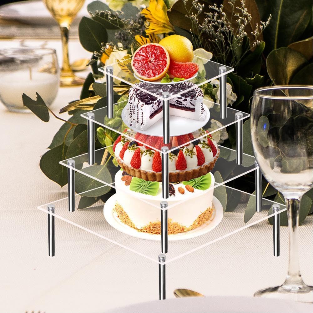 Garvee Taartstandaard Acryl 30 cm avec pieds en métal, carré transparent pour mariage, anniversaire, baby shower