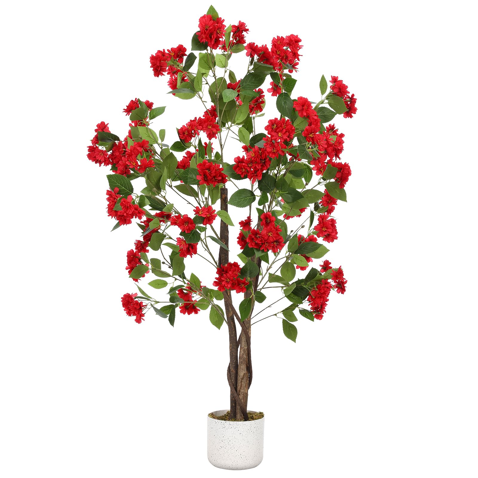 Osmanthus artificiel Garvee de 120 cm avec 48 fleurs rouges, tronc en bois naturel, feuilles en polyester, pot robuste pour la décoration intérieure et extérieure