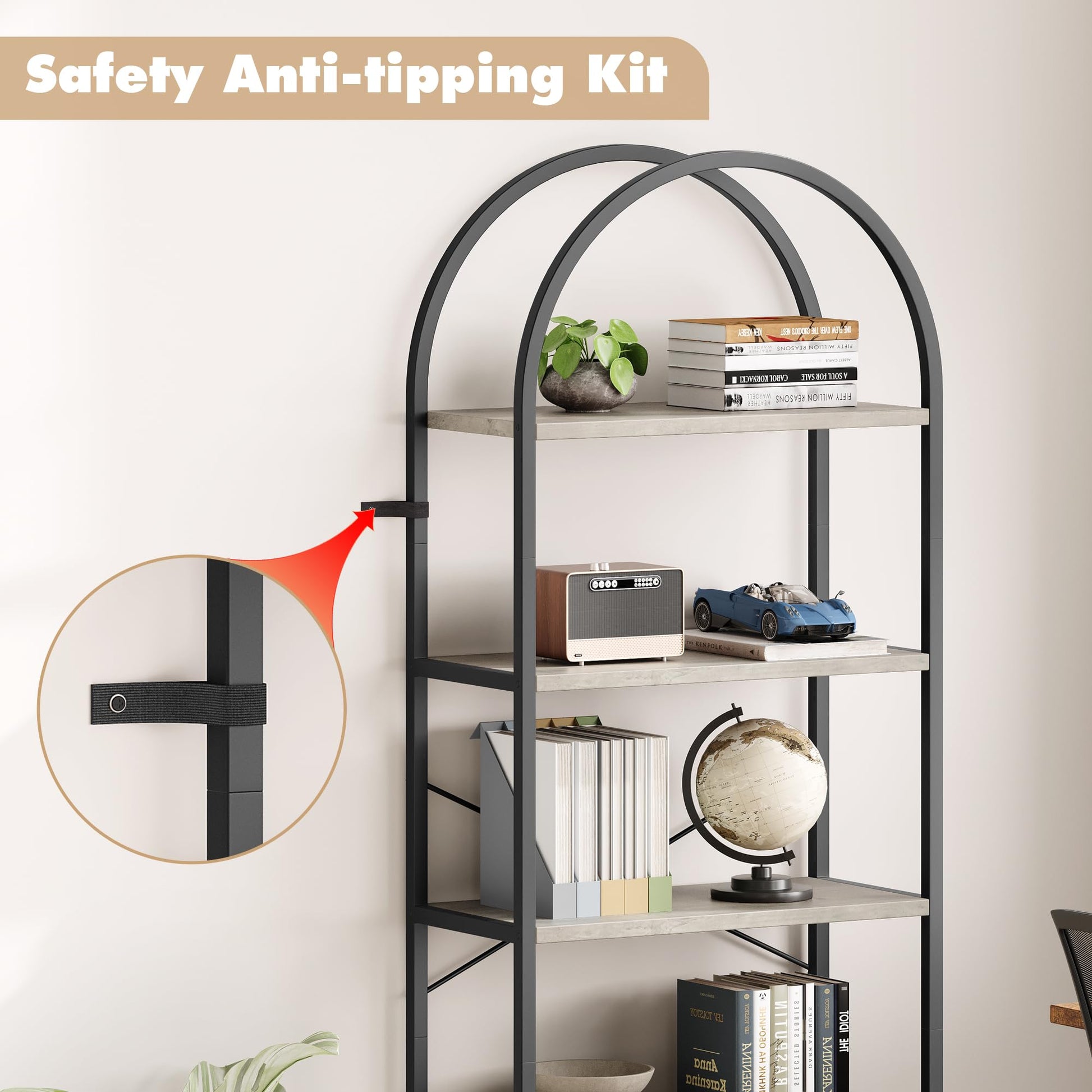 Garvee Bibliothèque arquée à 5 niveaux, 180cm, étagère industrielle en métal gris pour salon, bureau ou chambre
