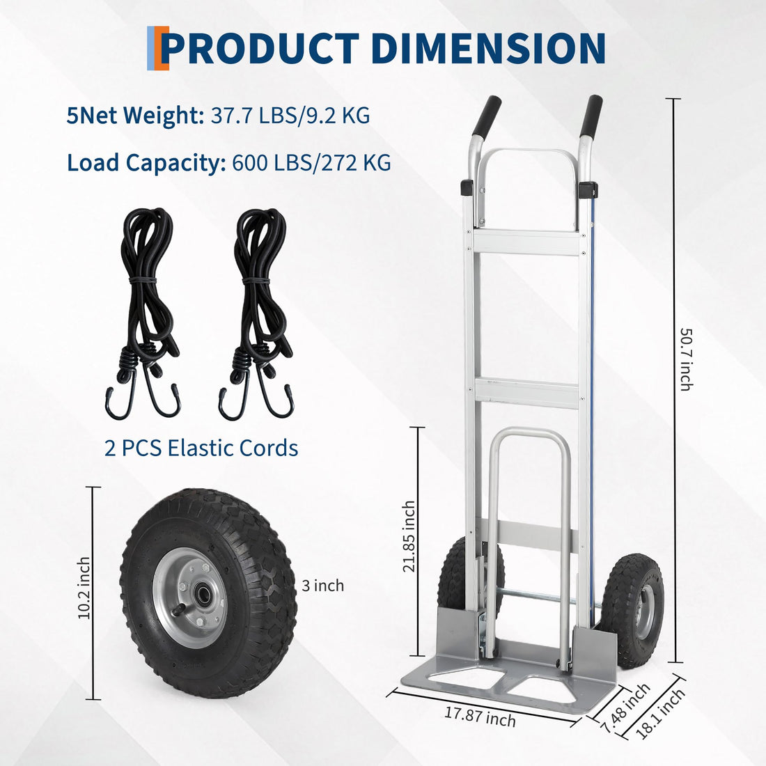 Chariot de manutention en aluminium Garvee, capacité de 272 kg (600 lb), avec base extensible pour la maison et l'entrepôt, pneus pneumatiques de 25 cm (10 po), léger et robuste