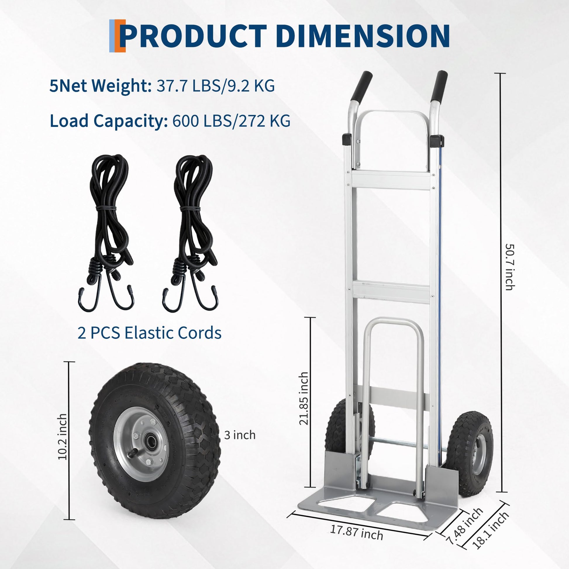 Chariot de manutention en aluminium Garvee, capacité de 272 kg (600 lb), avec base extensible pour la maison et l'entrepôt, pneus pneumatiques de 25 cm (10 po), léger et robuste