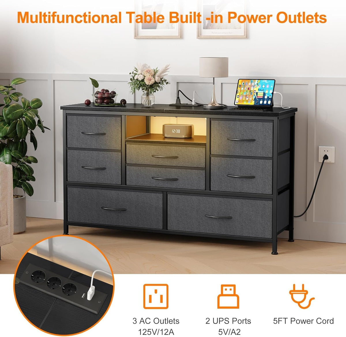 Garvee commode à 8 tiroirs, structure en métal, éclairage LED, 3 prises électriques, 2 ports USB, idéale pour la chambre et le salon, 121 × 37 × 76 cm, gris
