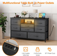 Garvee commode à 8 tiroirs, structure en métal, éclairage LED, 3 prises électriques, 2 ports USB, idéale pour la chambre et le salon, 121 × 37 × 76 cm, gris