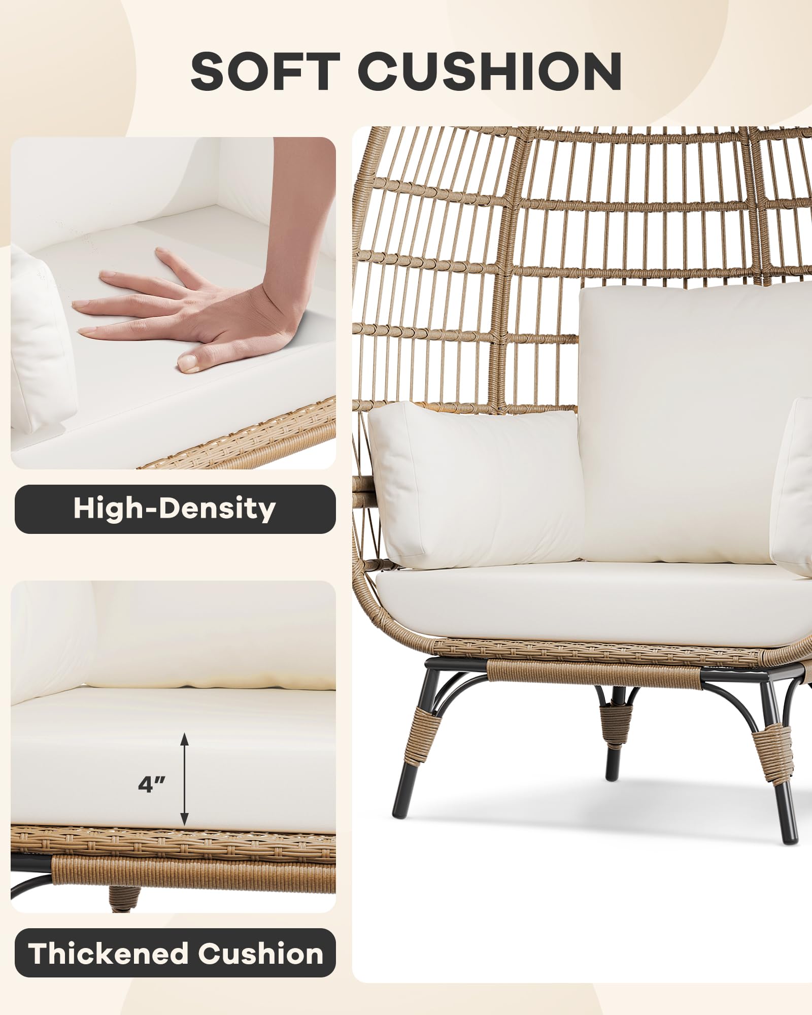 Fauteuil œuf surdimensionné Garvee en résine tressée avec structure en acier, ergonomique, résistant aux intempéries, pour terrasse/salon, compact, élégant, en rotin résistant aux UV, 4 coussins