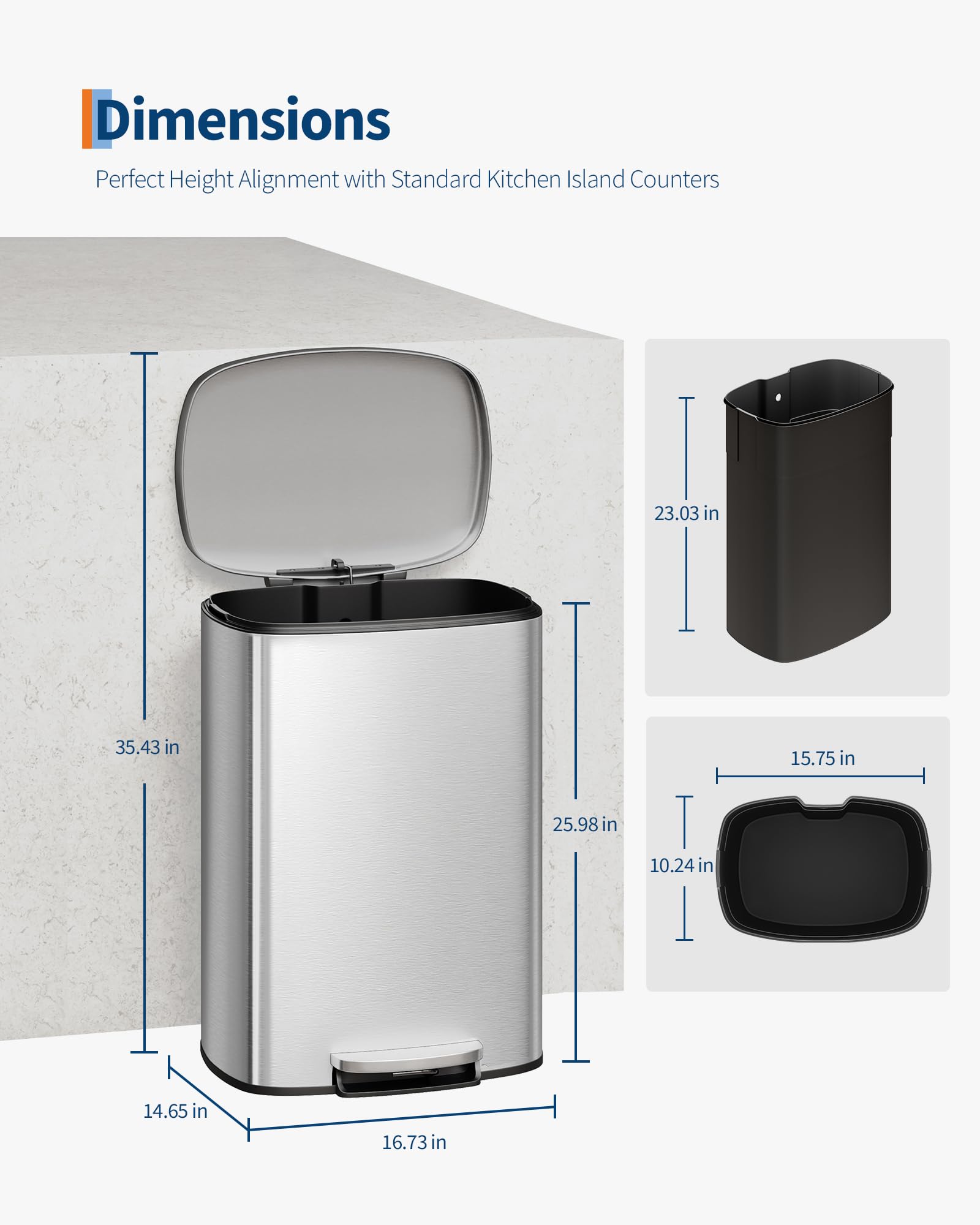 Ensemble de poubelles Garvee 13 gal et 2,6 gal en acier inoxydable avec couvercle à fermeture douce pour la cuisine et la salle de bain, argenté, poignée ergonomique