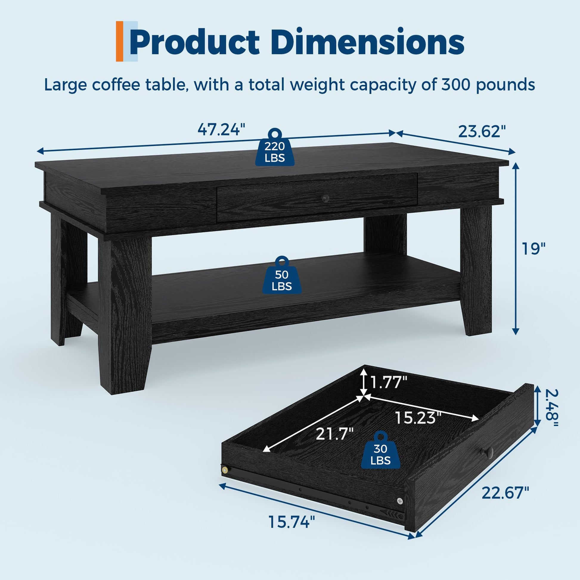 Table basse Garvee grand format avec tiroir et étagère, pieds en L, bois, design moderne, salon, 120 cm, marron