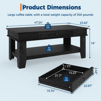 Table basse Garvee grand format avec tiroir et étagère, pieds en L, bois, design moderne, salon, 120 cm, marron