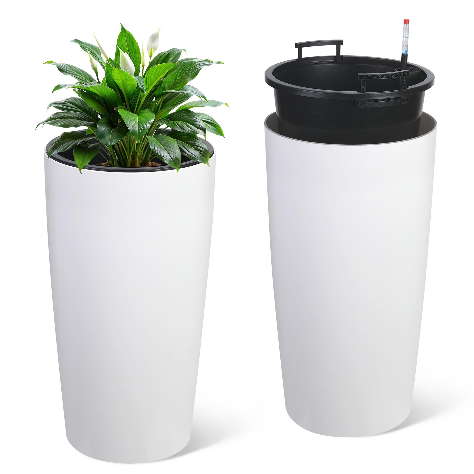 Garvee Lot de 2 jardinières d'extérieur de 76 cm de haut avec indicateur de niveau d'eau et arrosage automatique pour terrasse et jardin, en plastique résistant aux intempéries, noir