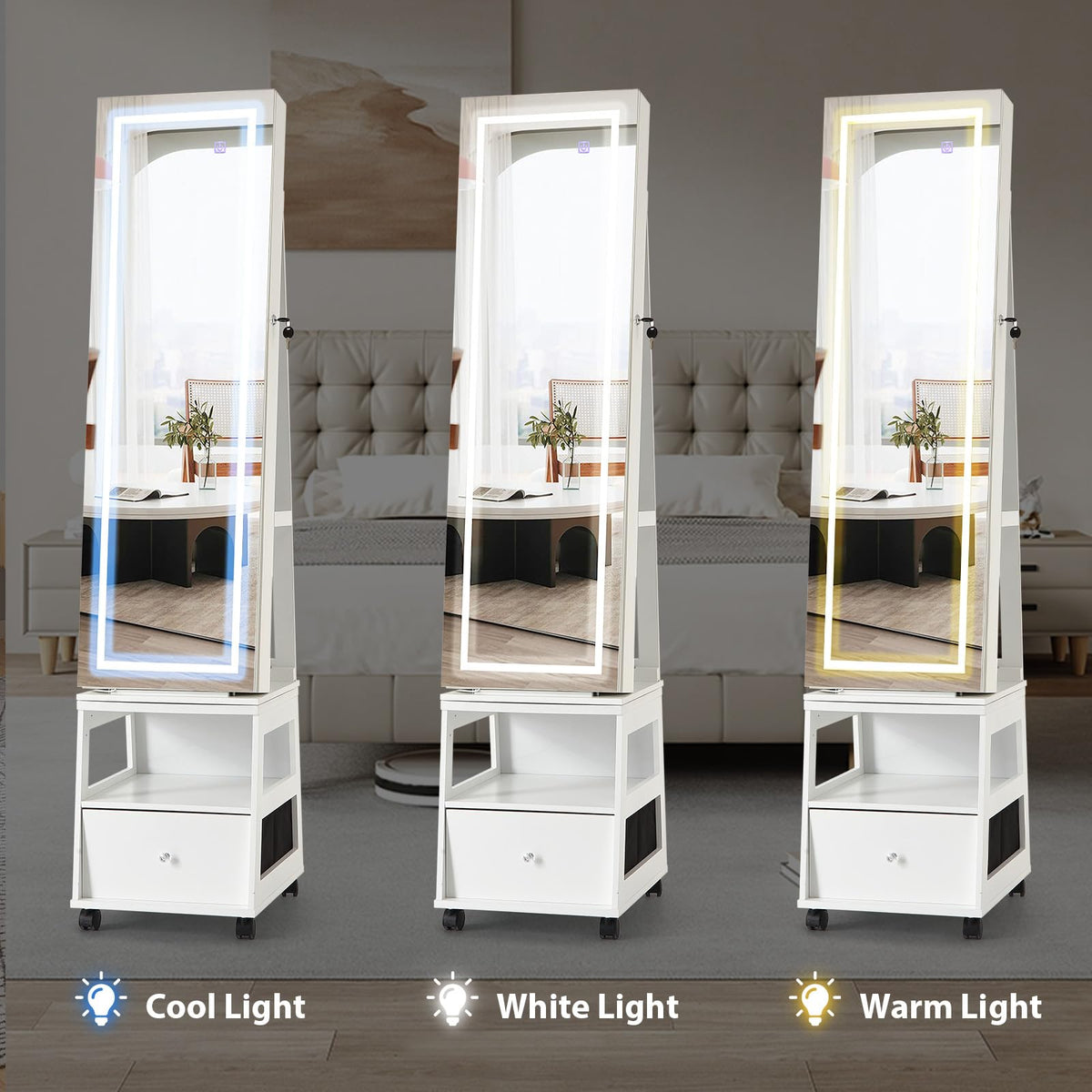 Garvee Armoire à bijoux pivotante à 360° avec miroir pleine longueur, éclairage LED, intérieur velours, blanche, pour chambre, verrouillable