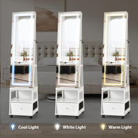 Garvee Armoire à bijoux pivotante à 360° avec miroir pleine longueur, éclairage LED, intérieur velours, blanche, pour chambre, verrouillable