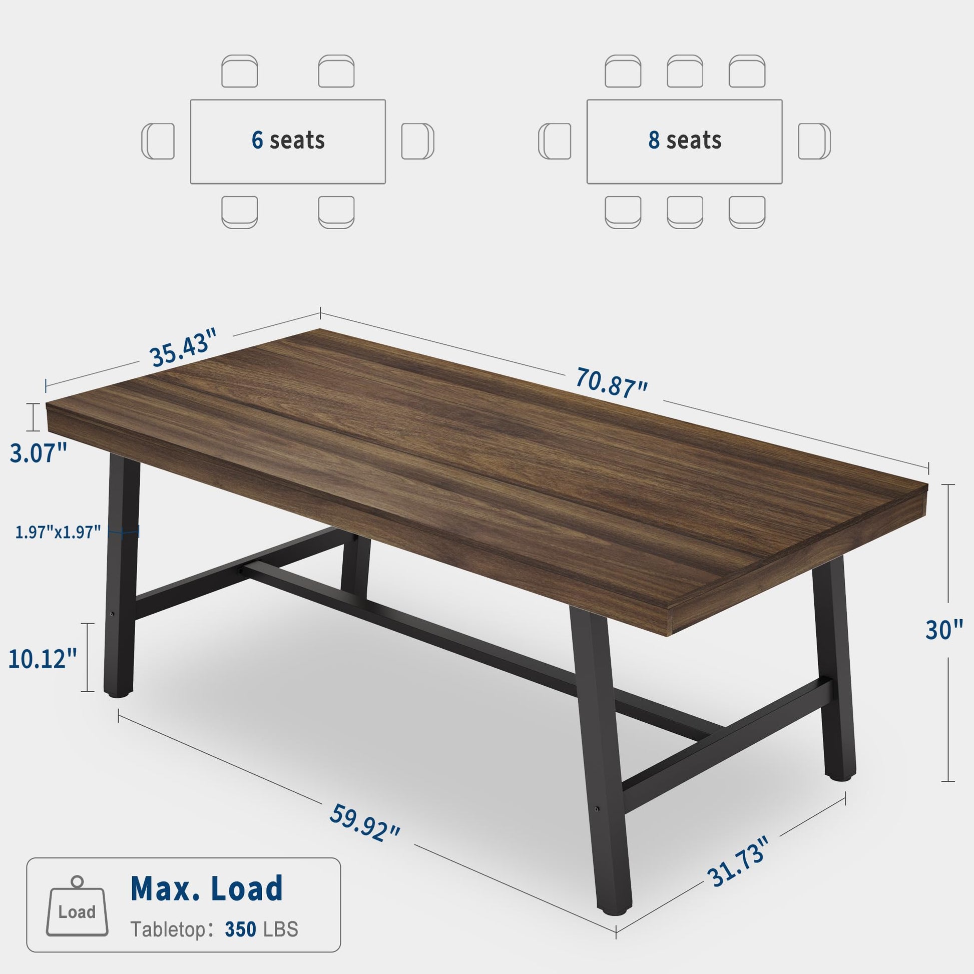 Table de salle à manger industrielle Garvee en bois pour 6 à 8 personnes, avec structure métallique robuste, pieds réglables, 180 cm (70,87 po), finition brun rustique.