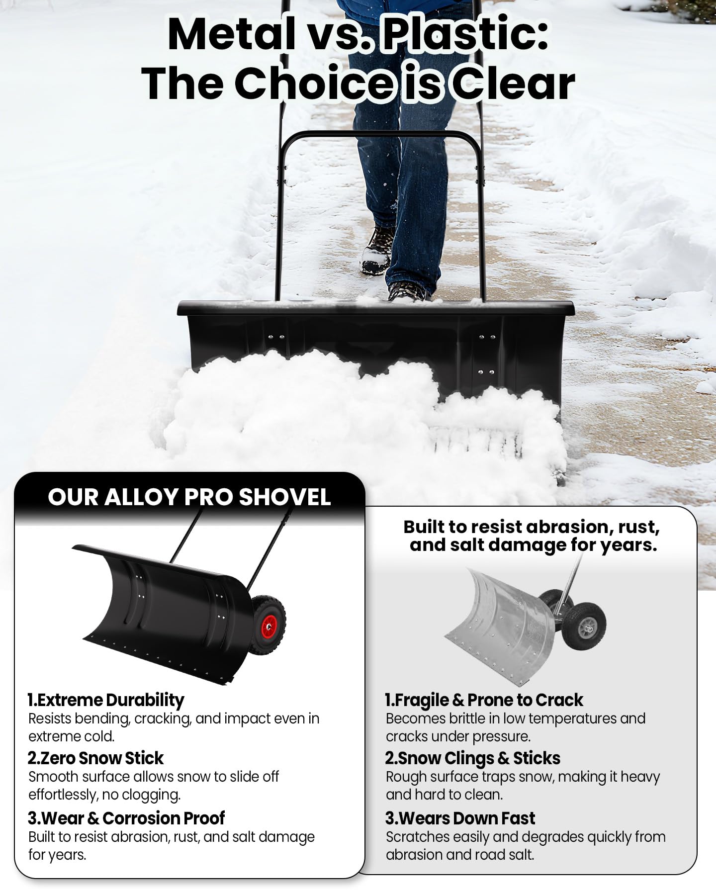 Pelle à neige Garvee 29 po en acier robuste avec roues, lame et poignée réglables en hauteur, ergonomique, durable, pour allées, noire