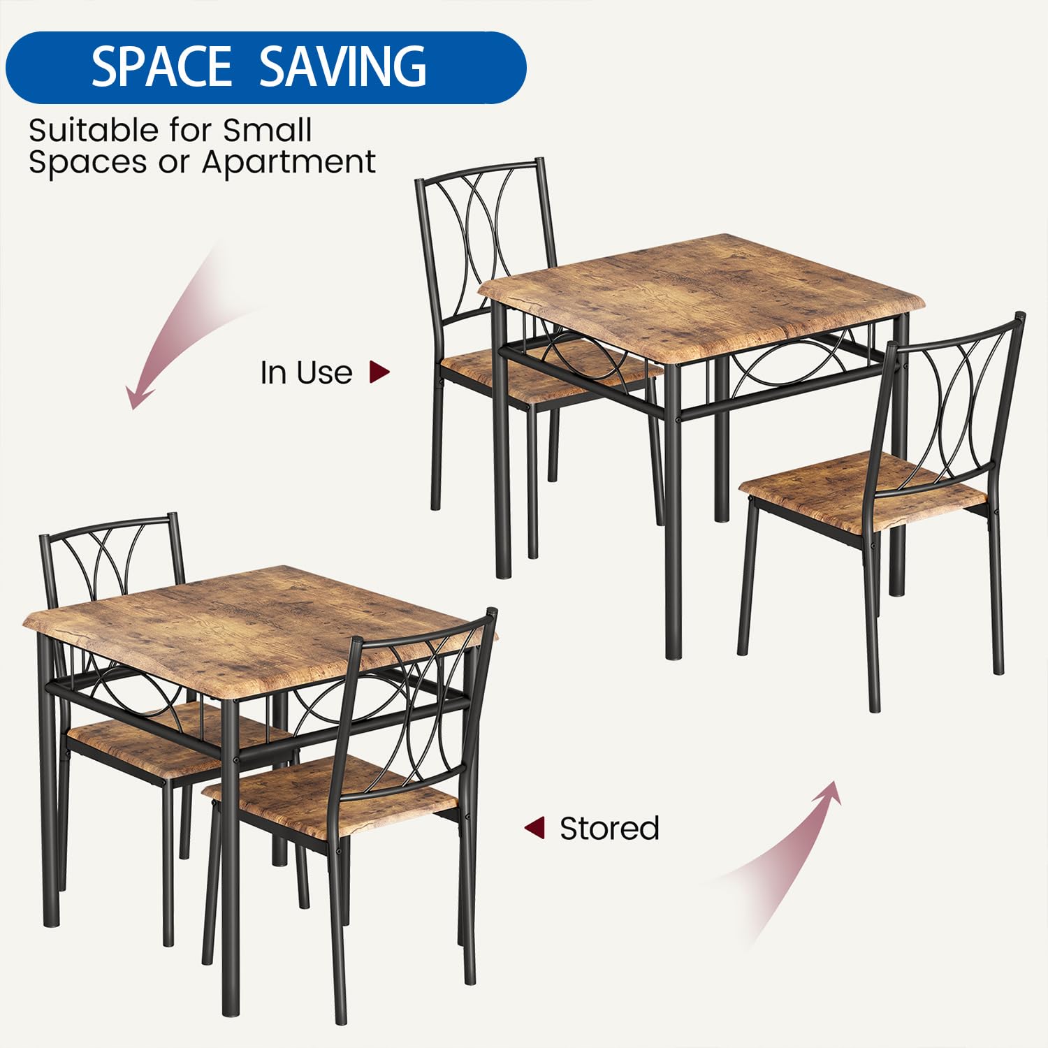 Ensemble de salle à manger Garvee 3 pièces pour 2 personnes, carré, gain de place, plateau robuste en MDF, chaises ergonomiques en bois, brun rustique, compact pour les petits espaces
