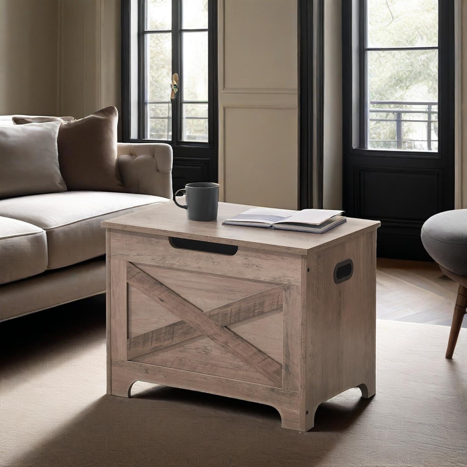Banc de rangement Garvee avec verrou de sécurité, coffre en bois de style campagnard pour entrée et chambre, gris