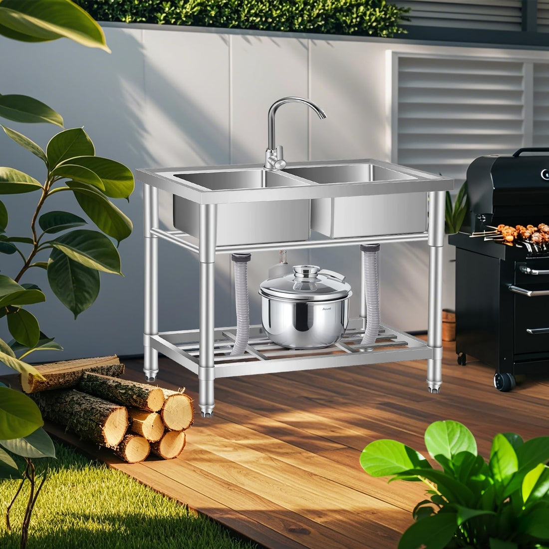 Garvee Évier Inox 2 Bacs avec Robinet Pivotant 360° et Tuyau de Vidange Durable, pour Maison, Bureau, Cuisine et Extérieur, 84 × 46 × 76 cm