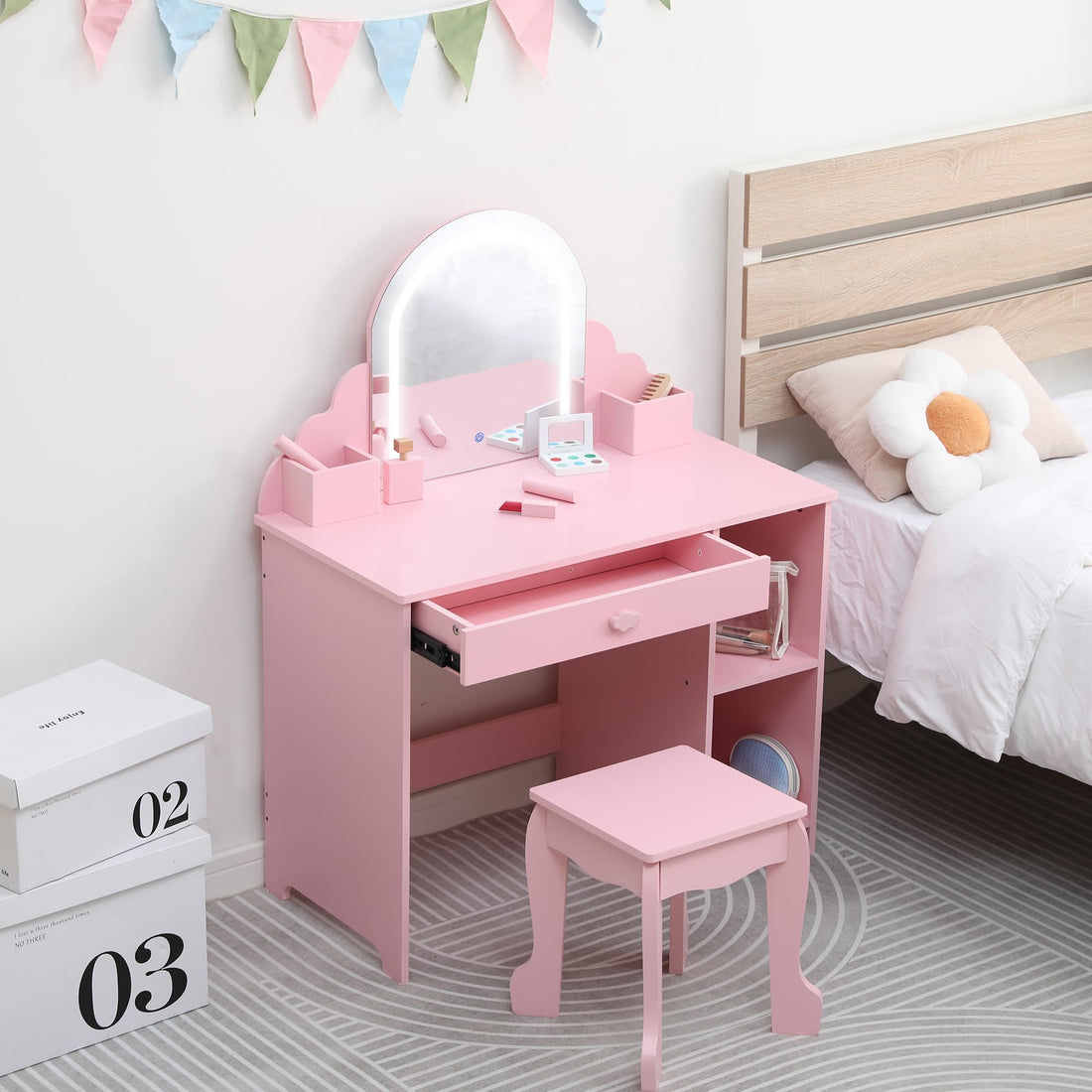 Coiffeuse Garvee Kids avec miroir lumineux et tabouret 2 en 1 pour filles de 3 à 9 ans, idéale pour la chambre ou la salle de jeux (blanc).