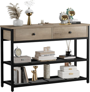 Console Garvee avec 2 tiroirs, structure en métal, étagère métallique à 2 niveaux pour entrée et salon, pieds réglables, robuste, panneaux de particules, noir