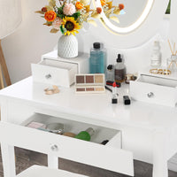 Coiffeuse Garvee avec miroir ovale et éclairage LED, 5 tiroirs, bois, pivotante à 360°, blanche, chambre moderne