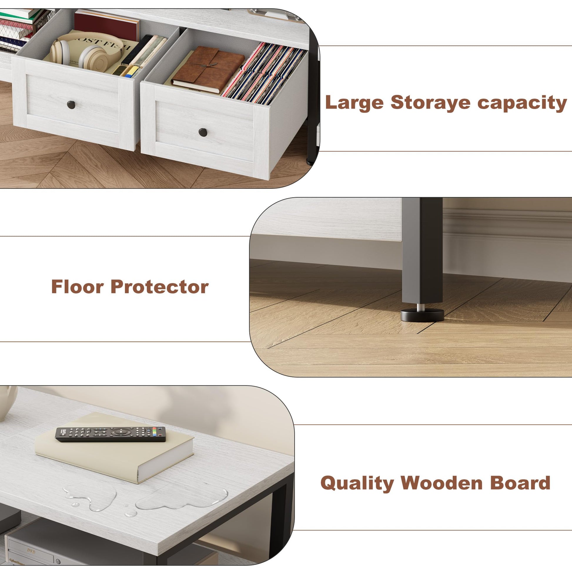 Meuble TV industriel Garvee 71 pouces avec 2 tiroirs, structure en métal, bois MDF, design rustique, blanc, pour salon