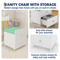 Tabouret de coiffeuse Garvee avec rangement, siège rembourré, tiroir, vert, pour chambre et salon