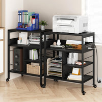 Garvee Meuble imprimante mobile à roulettes, 4 niveaux avec étagères, ports USB et prises intégrées, structure en acier robuste, noir rustique, pour bureau et maison