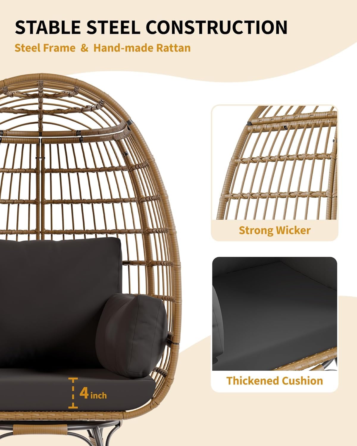 Fauteuil œuf pivotant à 360° Garvee en rotin avec structure en acier, pour terrasse et jardin, surdimensionné, résistant aux intempéries, intérieur/extérieur, avec 4 coussins, noir