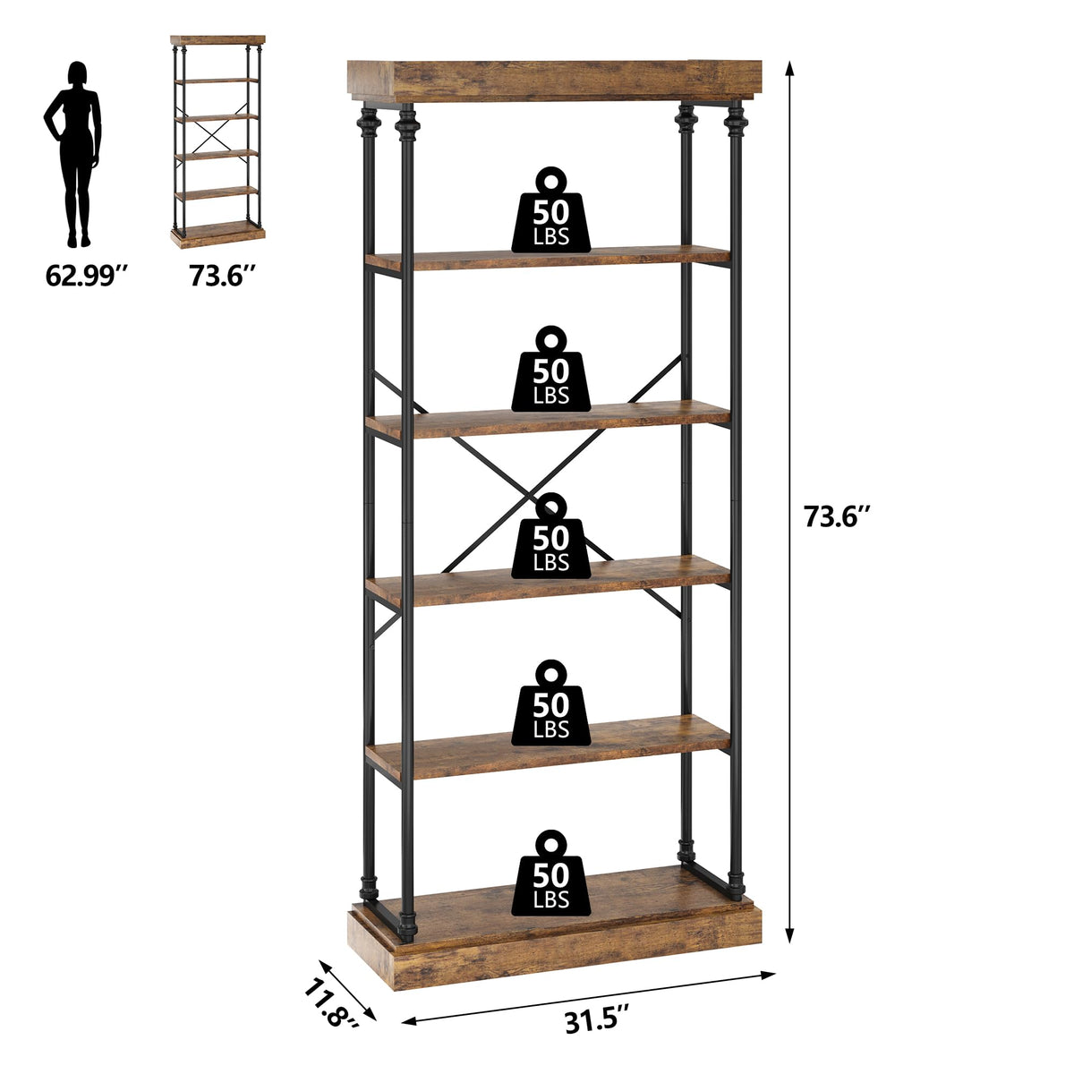 Garvee Étagère industrielle à 6 niveaux, structure en bois et métal, pour salon et bureau, 187×80×30cm, style vintage