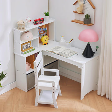 Bureau d'angle Garvee pour enfant avec chaise, en forme de L, blanc, pour chambre d'enfant, 101,6 cm x 106,7 cm x 78,7 cm