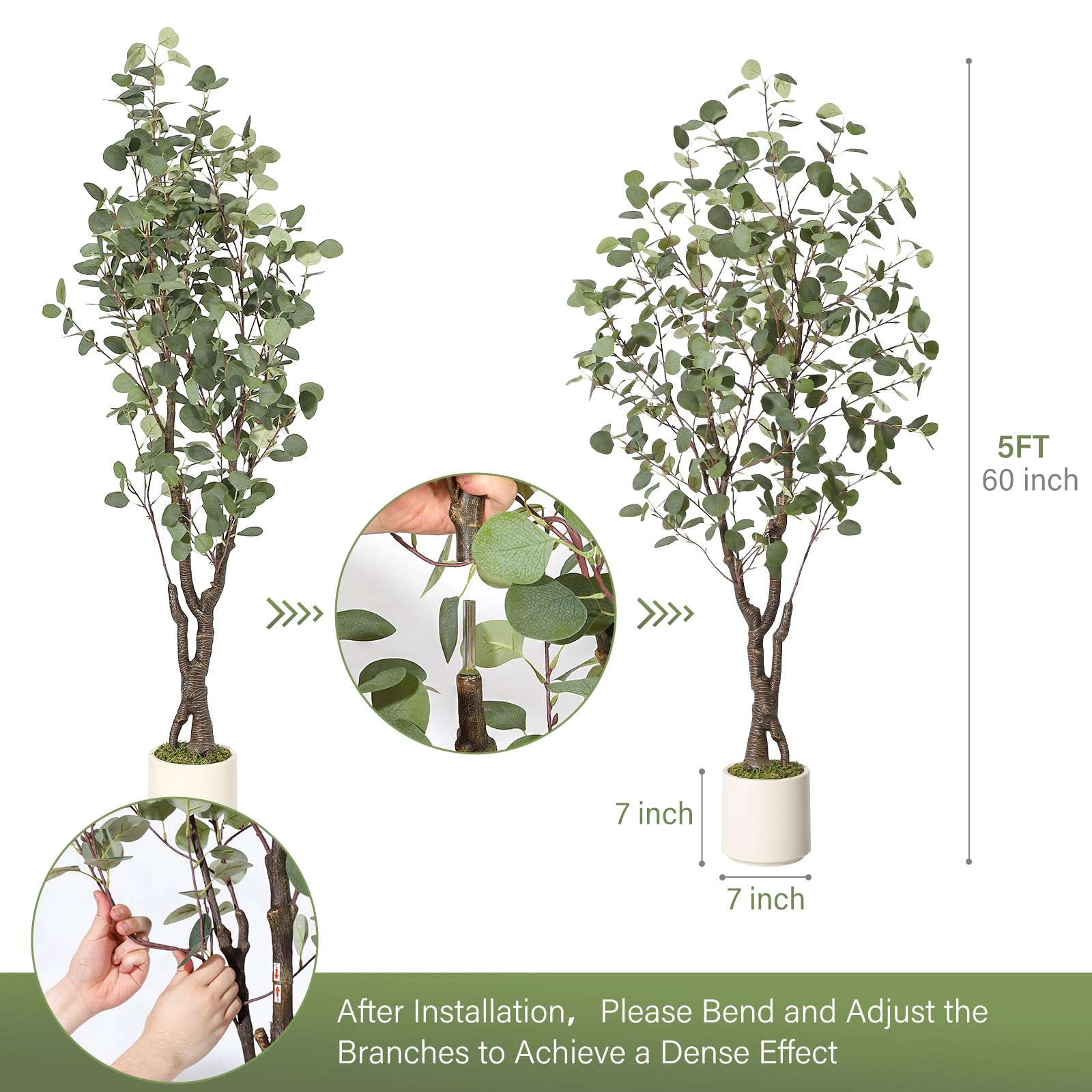 Eucalyptus artificiel Garvee de 1,5 m avec 50 lumières LED, pot en plastique, branches ajustables, facile d'entretien, idéal pour le salon et le bureau, blanc